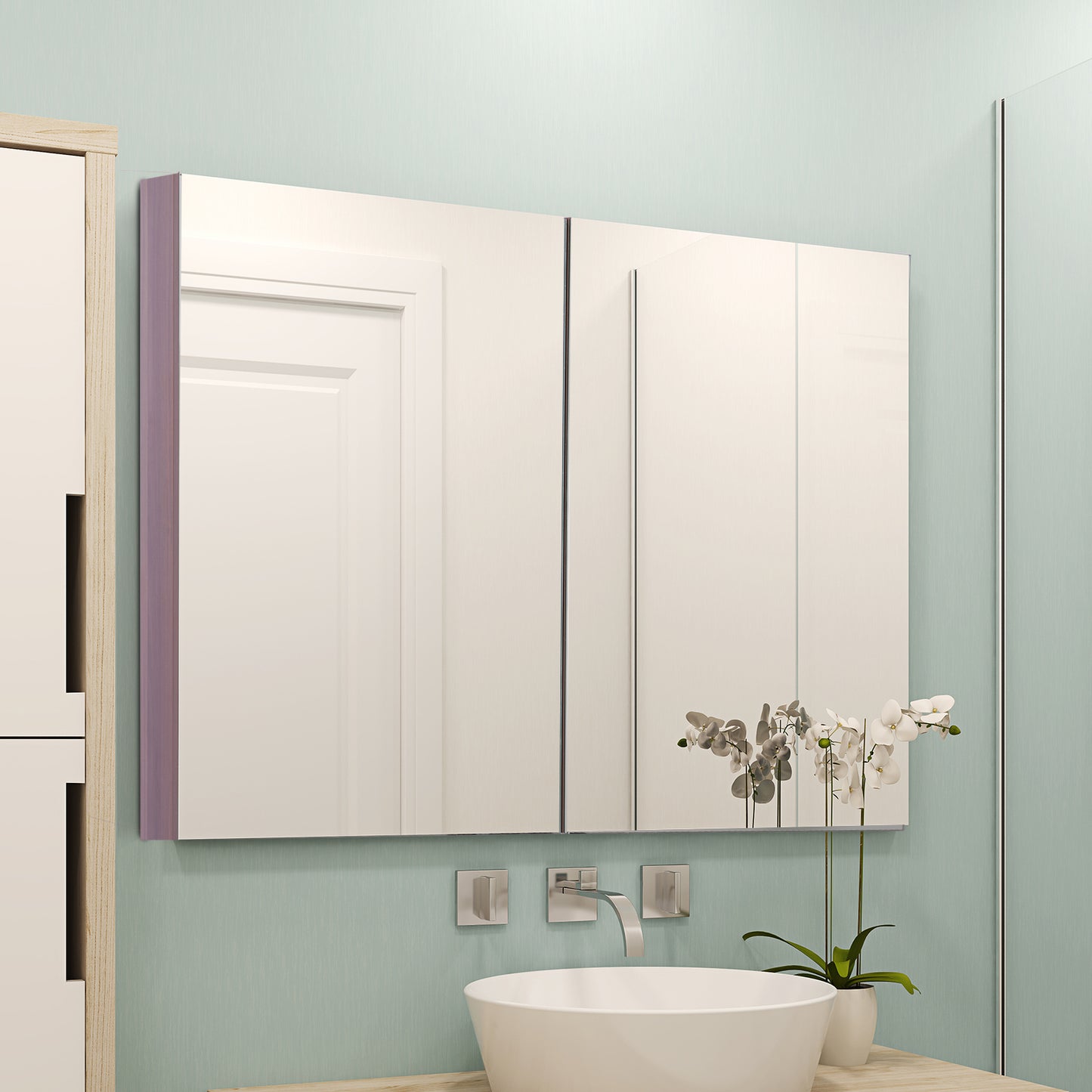 kleankin Wall Mounted Glass Bathroom Mirror Cabinet Storage Shelf, 63Wx60Hx13.5T cm-Walnut