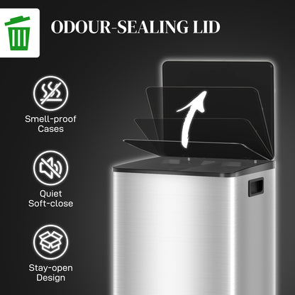 Double Kitchen Bin, Pedal Bin with Soft-Close Lid, Silver Tone