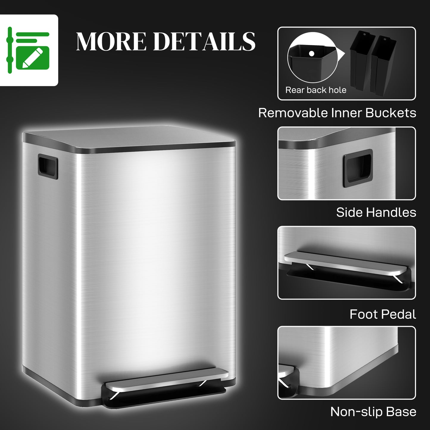 Double Kitchen Bin, Pedal Bin with Soft-Close Lid, Silver Tone