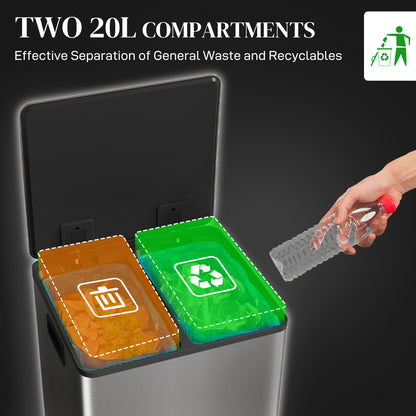 Double Kitchen Bin, Pedal Bin with Soft-Close Lid, Silver Tone