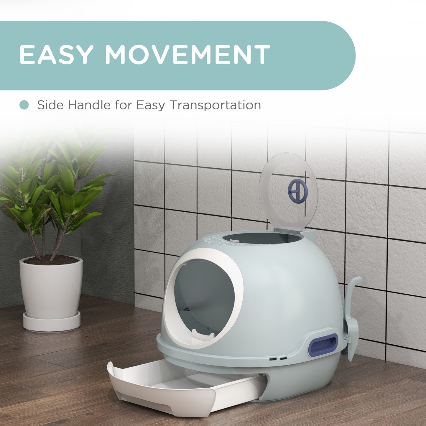 Cat Litter Box Toilet With Litter Scoop Enclosed Drawer Skylight Easy To Clean Blue