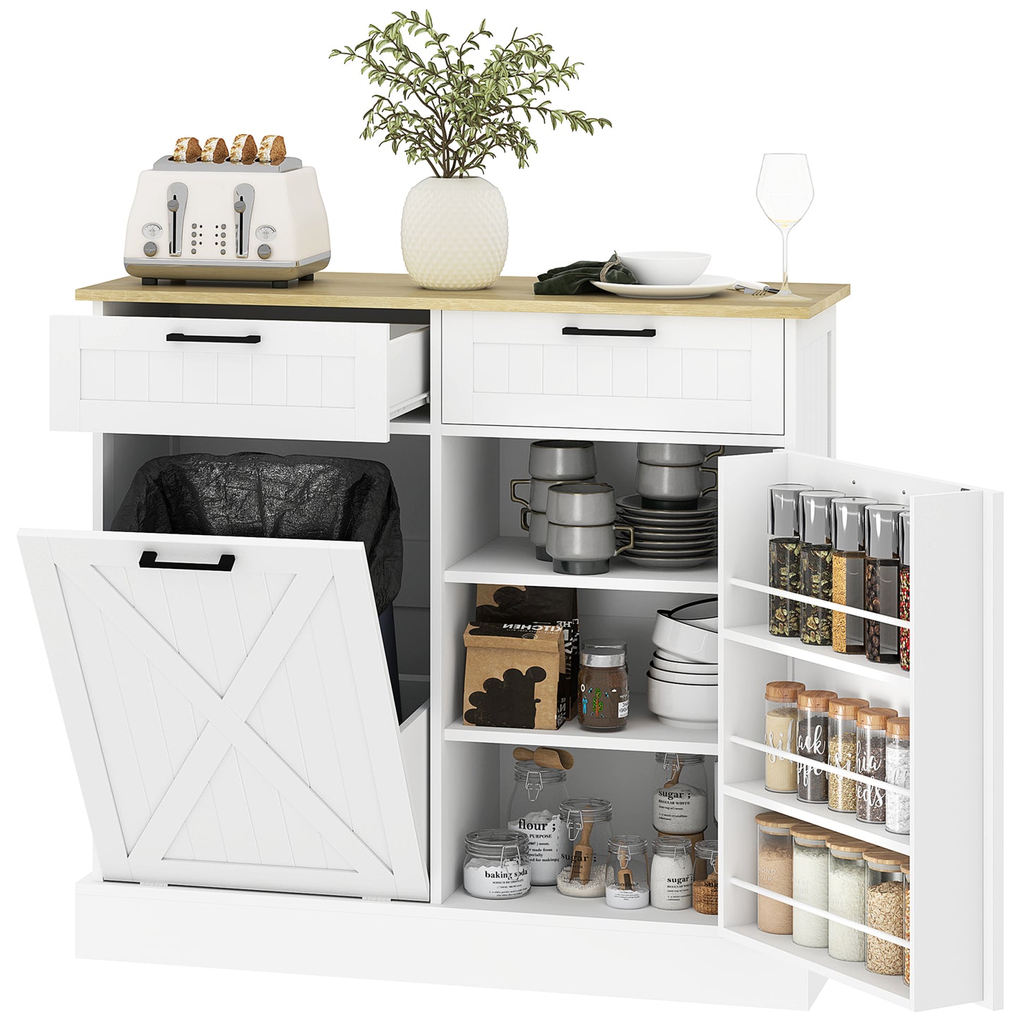 Sideboard with Trash Bin, Farmhouse Kitchen Sideboard with 2 Drawers