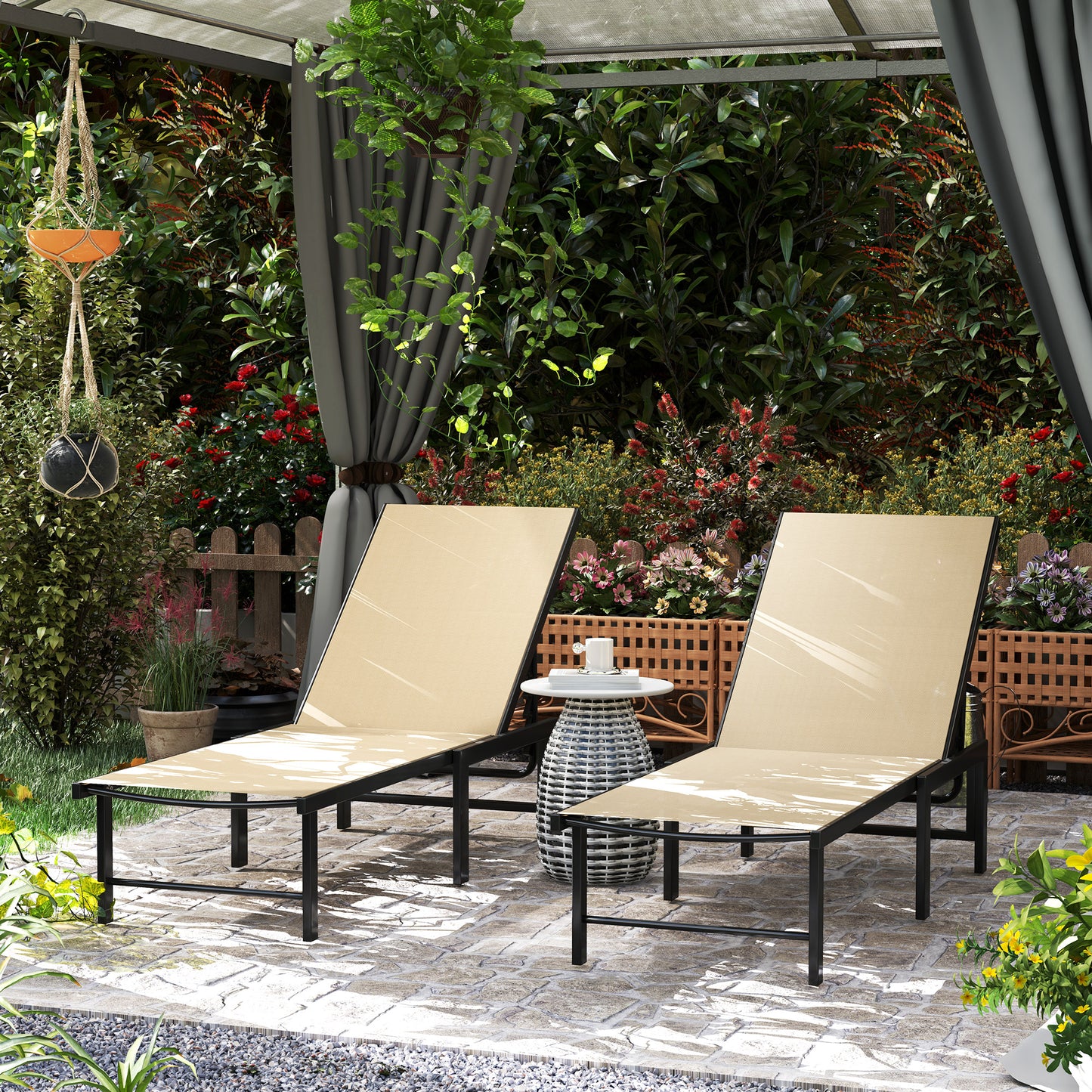 Sun Loungers Set of 2, 5-Level Reclining Sunbeds, Khaki