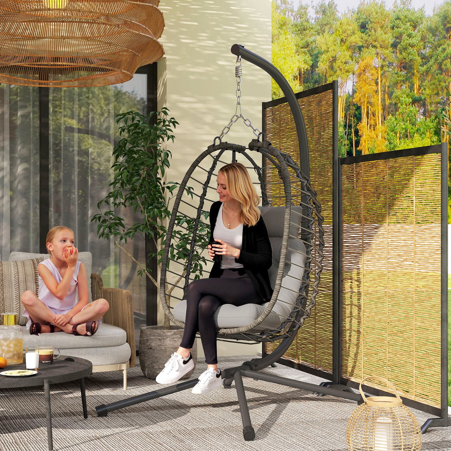 Rattan Hanging Egg Chair w/ Stand, Cushion, Headrest, Light Grey