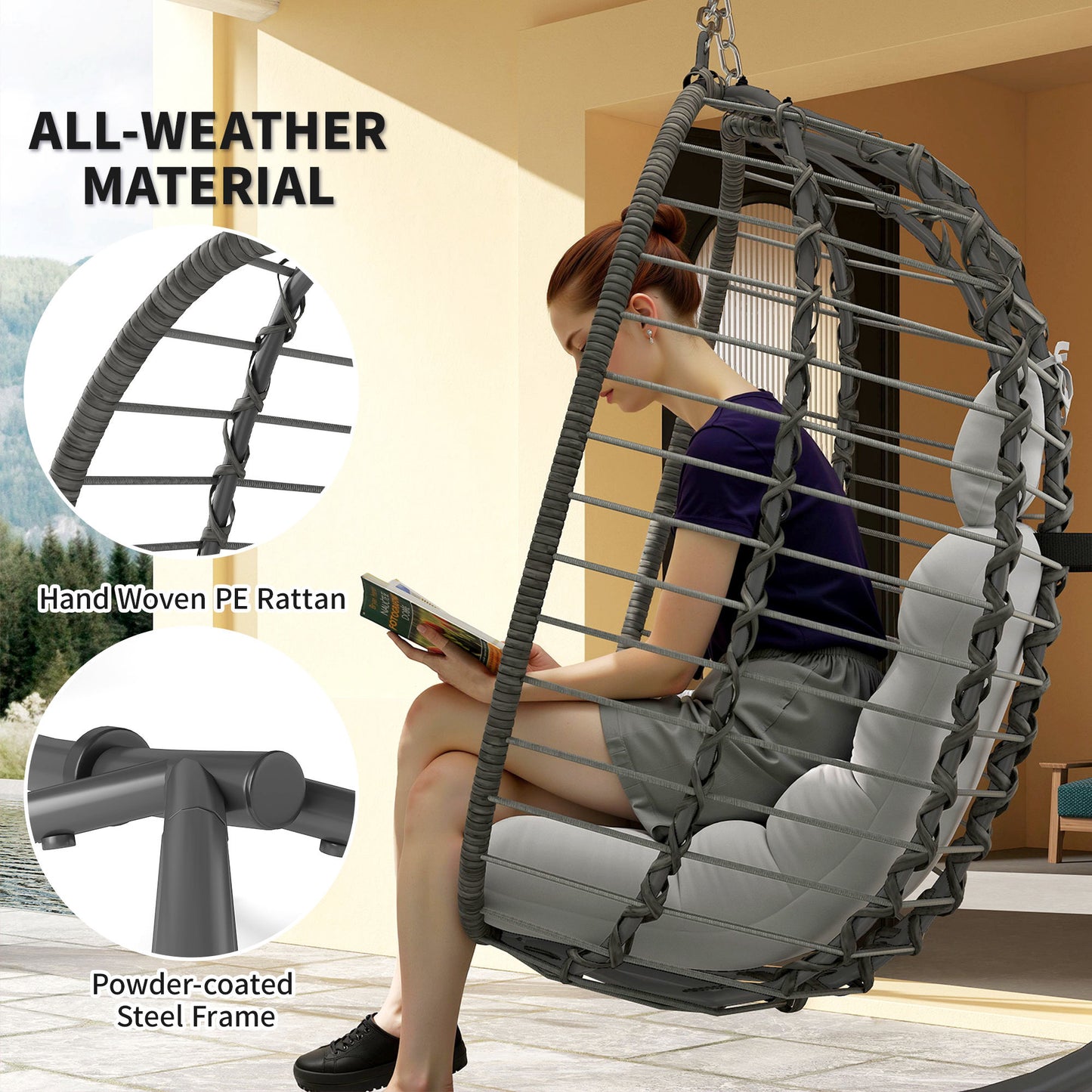 Rattan Hanging Egg Chair w/ Stand, Cushion, Headrest, Light Grey
