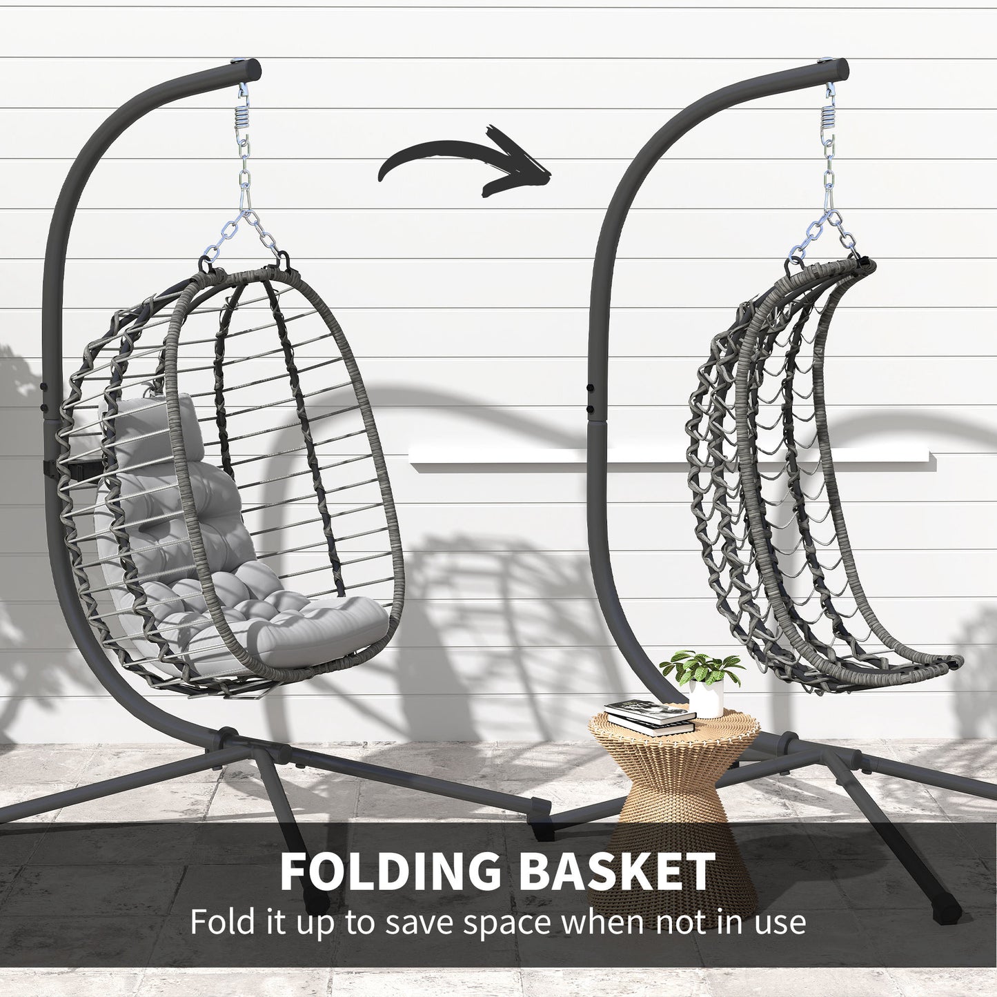 Rattan Hanging Egg Chair w/ Stand, Cushion, Headrest, Light Grey