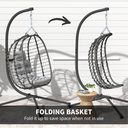 Rattan Hanging Egg Chair w/ Stand, Cushion, Headrest, Light Grey