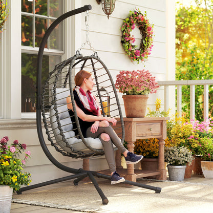 Rattan Hanging Egg Chair w/ Stand, Cushion, Headrest, Light Grey