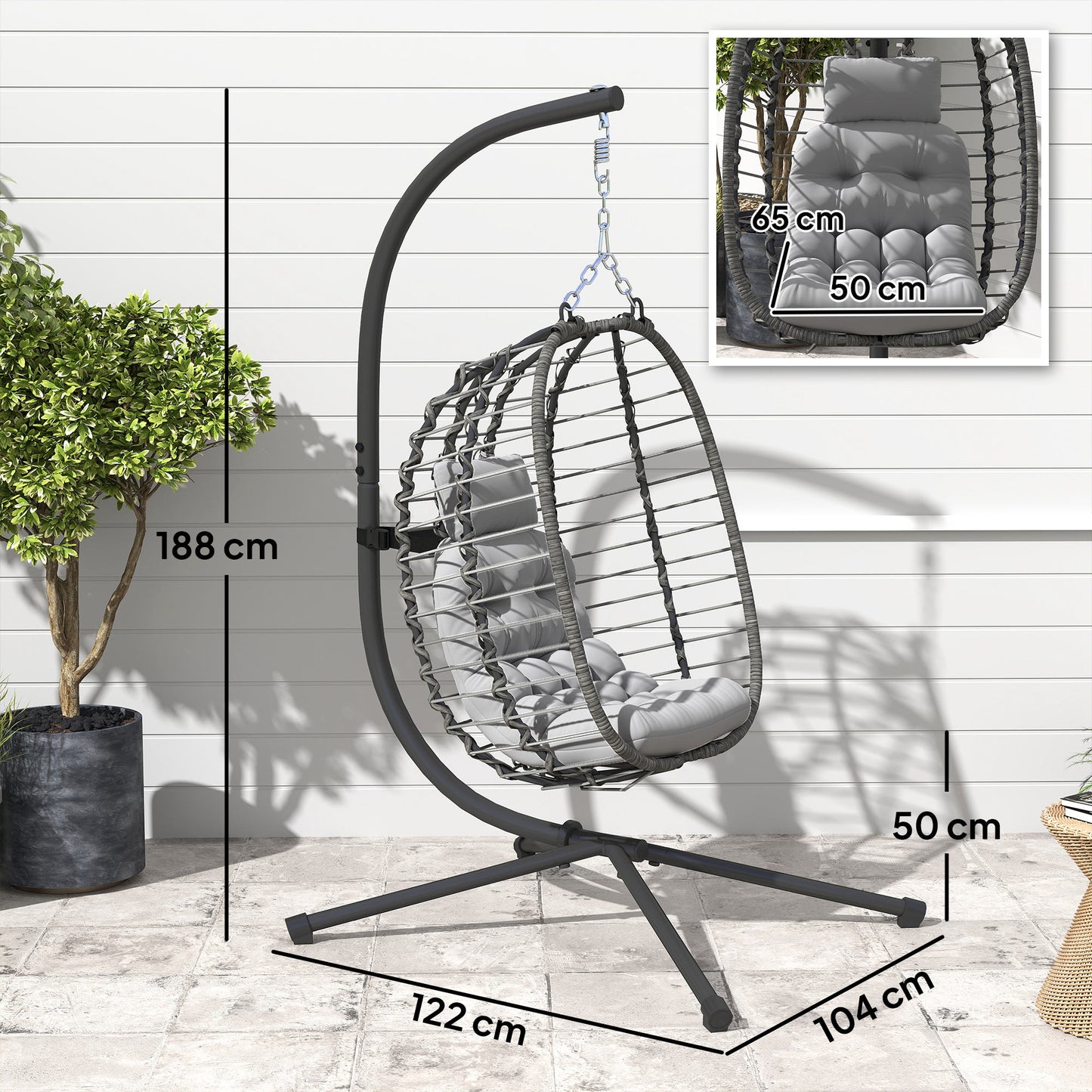 Rattan Hanging Egg Chair w/ Stand, Cushion, Headrest, Light Grey