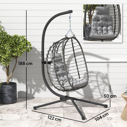 Rattan Hanging Egg Chair w/ Stand, Cushion, Headrest, Light Grey