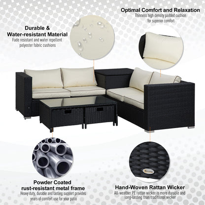 Outsunny 4 Pcs Rattan Wicker Garden Furniture Patio Sofa Storage & Table Set w/ 2 Drawers Coffee Table,Great Cushioned 4 Seats Corner Sofa - Black