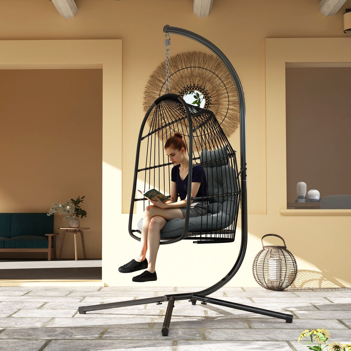 Rattan Egg Chair with Installation Kit, Indoor Outdoor Swing Chair