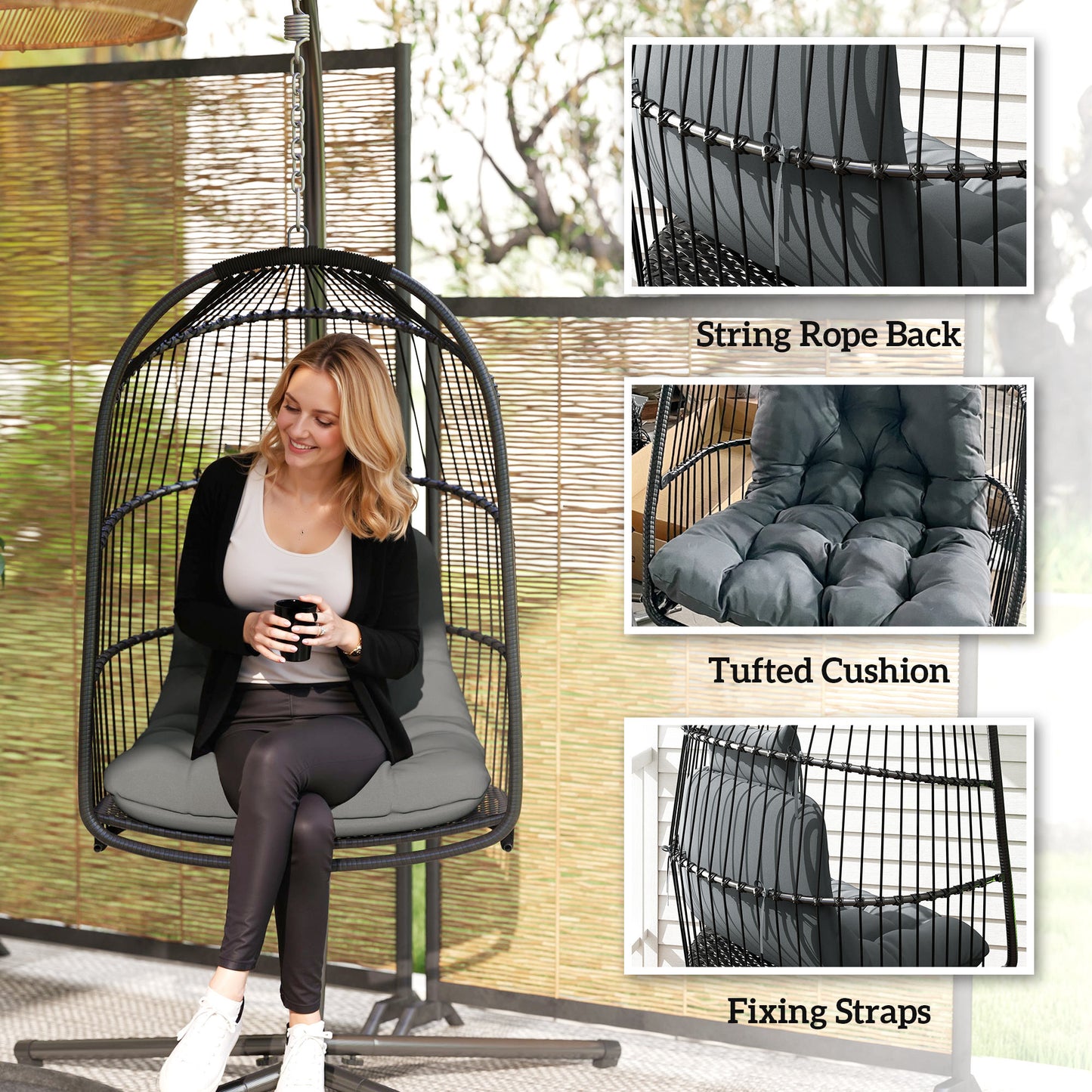 Rattan Egg Chair with Installation Kit, Indoor Outdoor Swing Chair