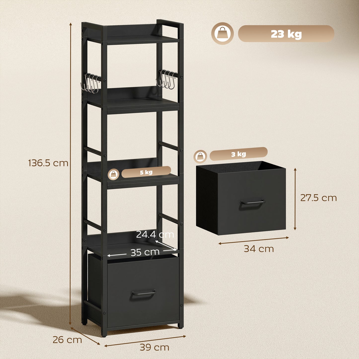 4-Tier Bookshelf, Shelving Unit with Drawer, 8 Hooks, Black