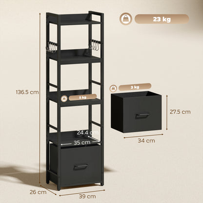 4-Tier Bookshelf, Shelving Unit with Drawer, 8 Hooks, Black