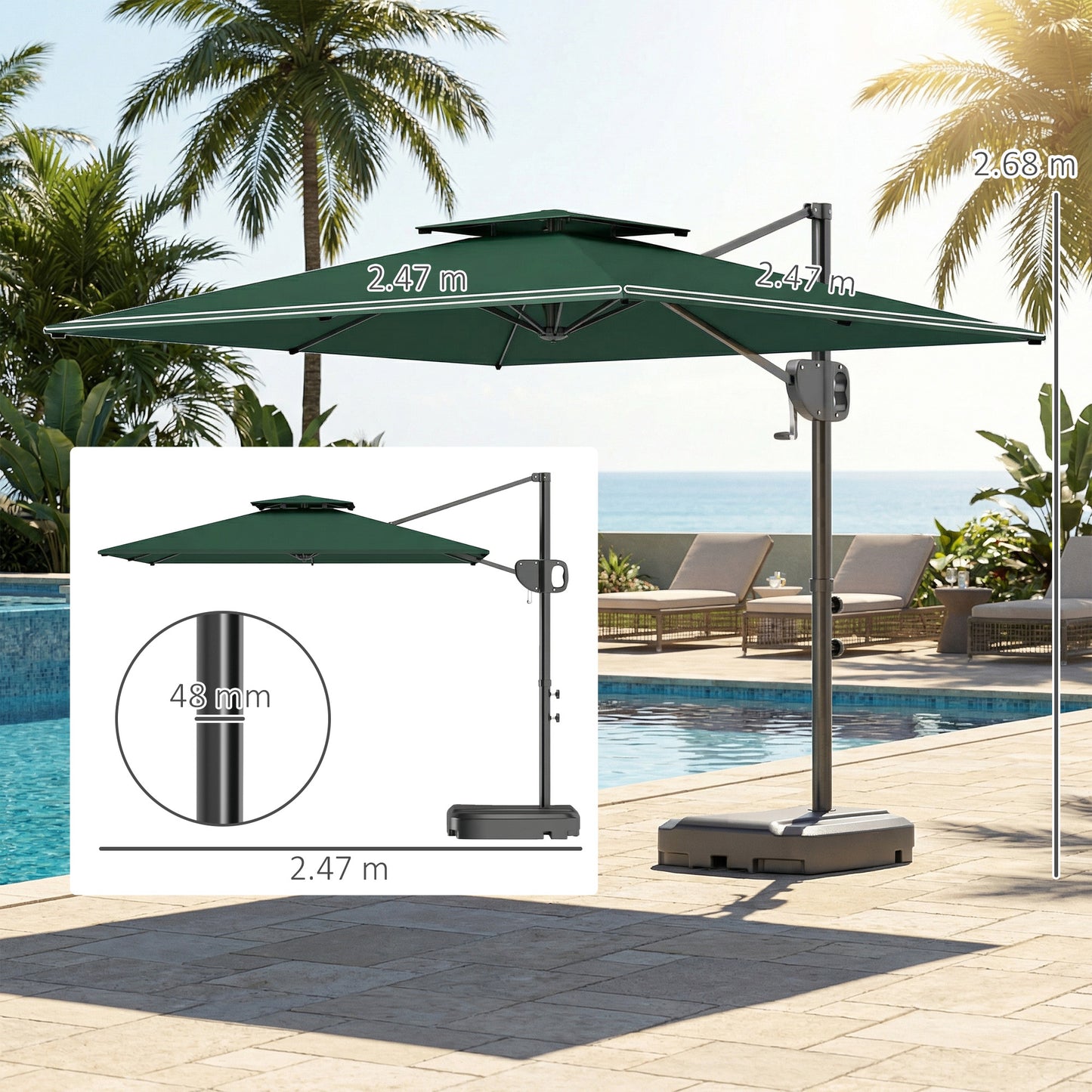Garden Cantilever Parasol w/ Weighted Base Tilt Crank Dark Green