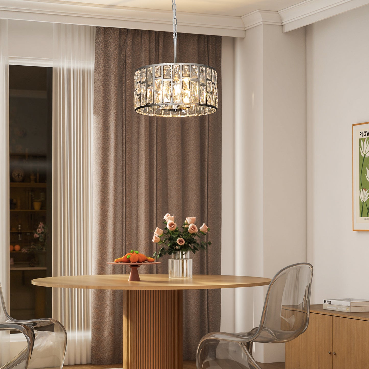 Flush Mount Ceiling Light, 3-Light Crystal Chandelier for Living Room