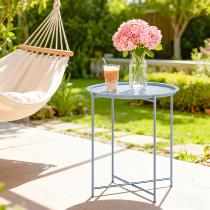 46cm Round Garden Table Side Table with Removable Tray, Blue Grey