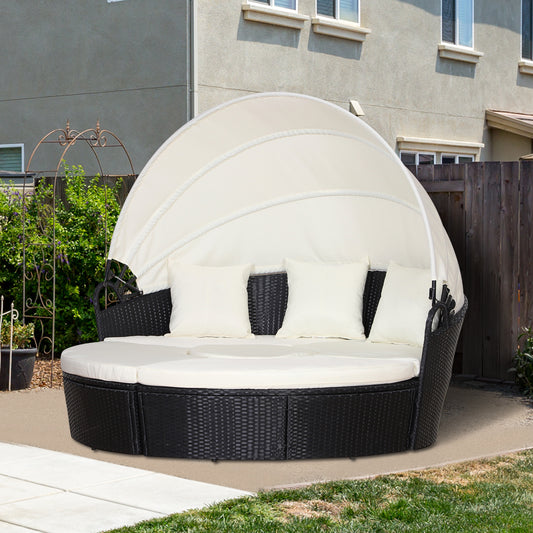 Rattan Lounge Set, 5 Pieces Patio Conversation Furniture Set, Garden Round Sofa Bed with Cushion and Retractable Canopy, Black
