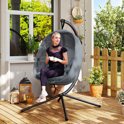 Folding Hanging Egg Chair w/ Cushion and Stand for Indoor Outdoor Grey
