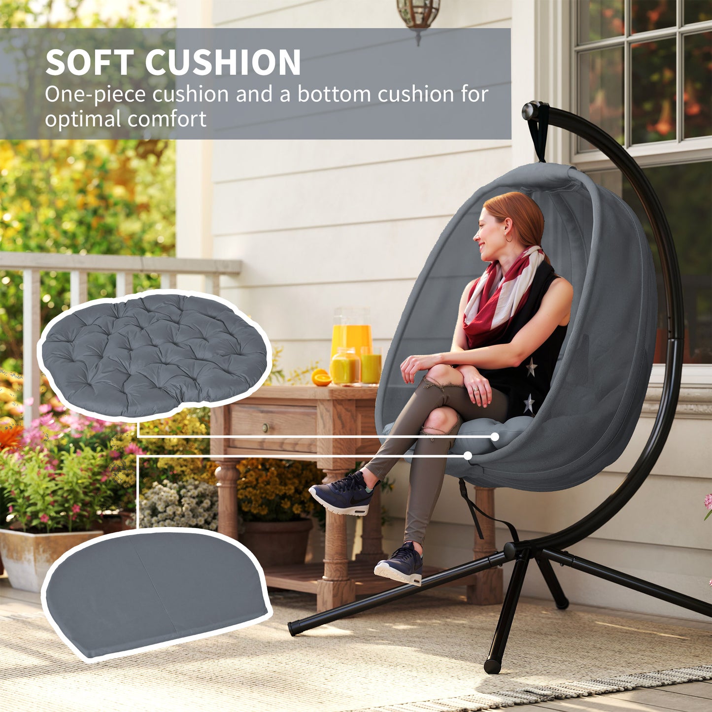 Folding Hanging Egg Chair w/ Cushion and Stand for Indoor Outdoor Grey