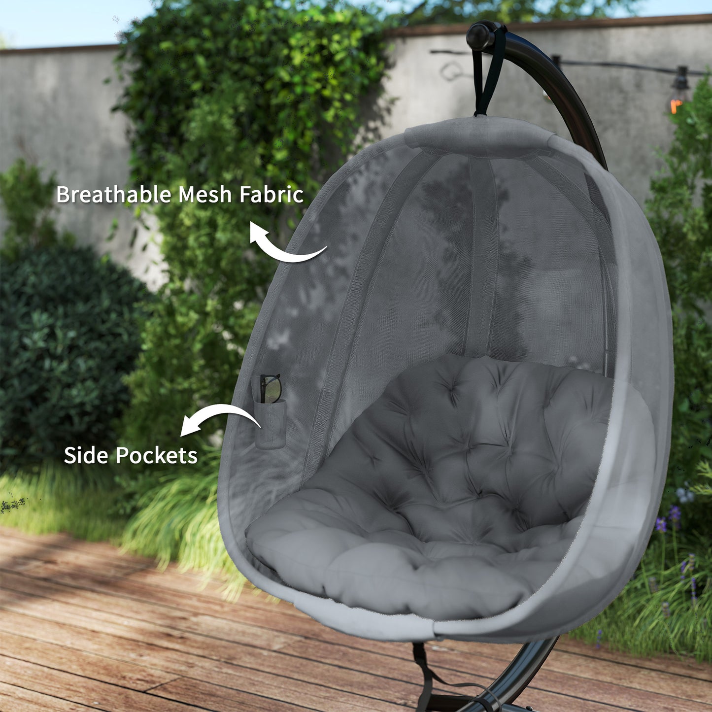 Folding Hanging Egg Chair w/ Cushion and Stand for Indoor Outdoor Grey