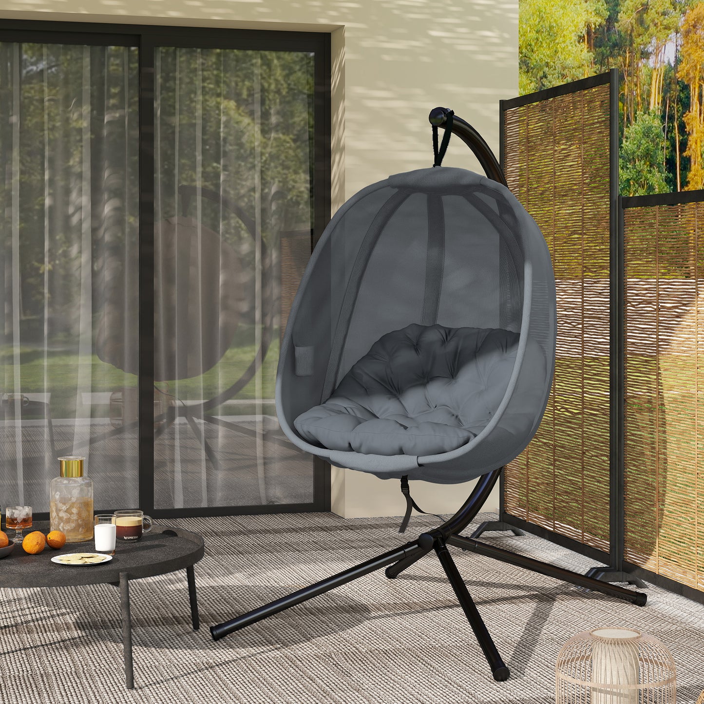 Folding Hanging Egg Chair w/ Cushion and Stand for Indoor Outdoor Grey