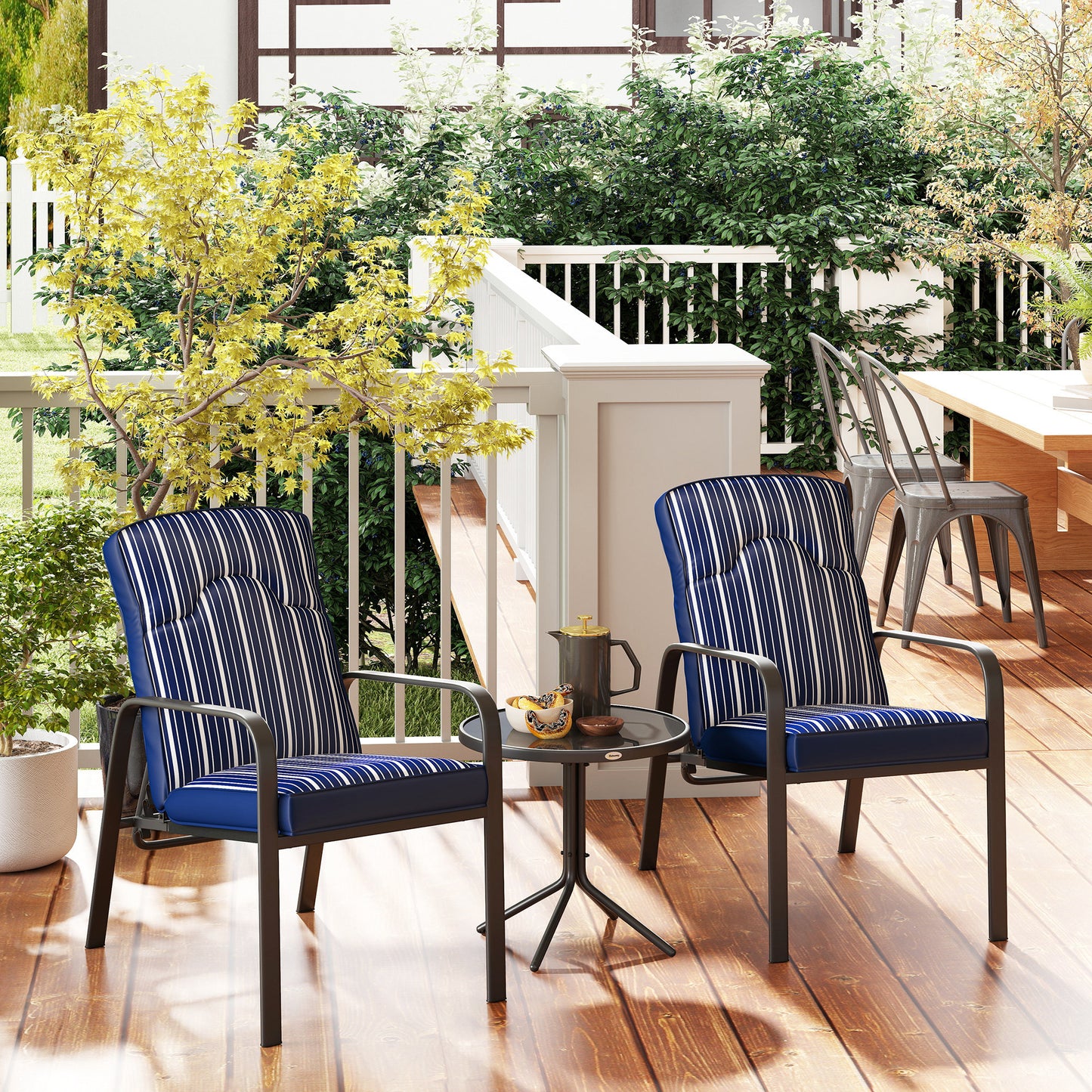 3-Piece Recliner Garden Chairs and Tempered Glass Table Set, Blue