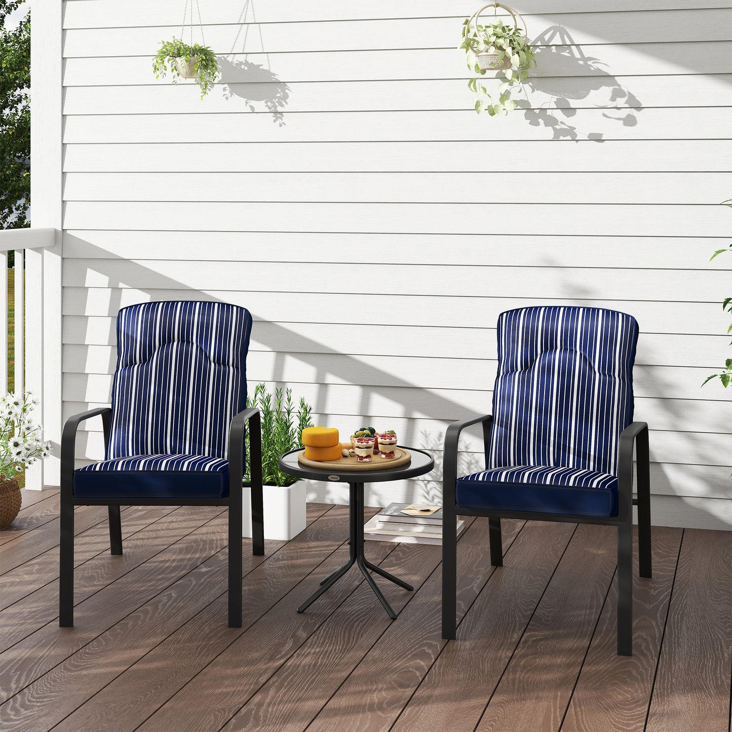 3-Piece Recliner Garden Chairs and Tempered Glass Table Set, Blue