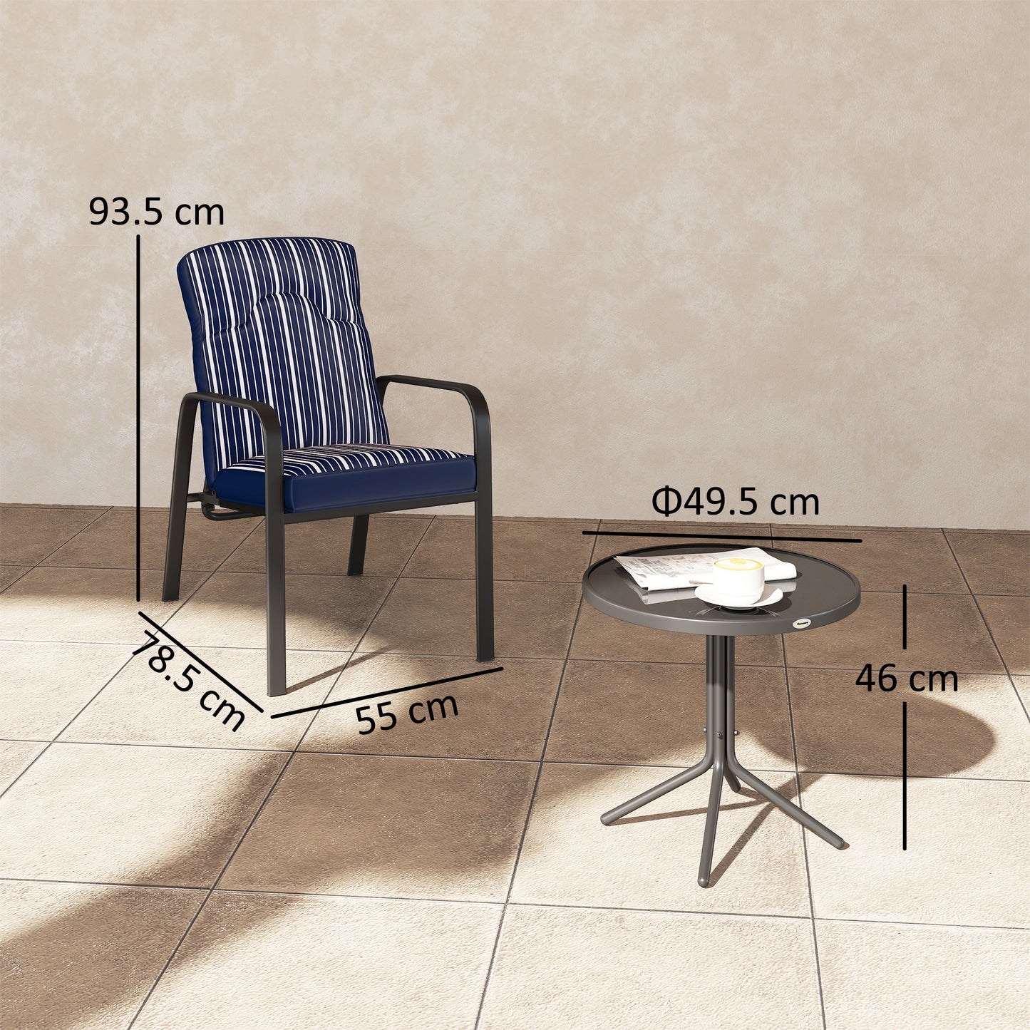 3-Piece Recliner Garden Chairs and Tempered Glass Table Set, Blue