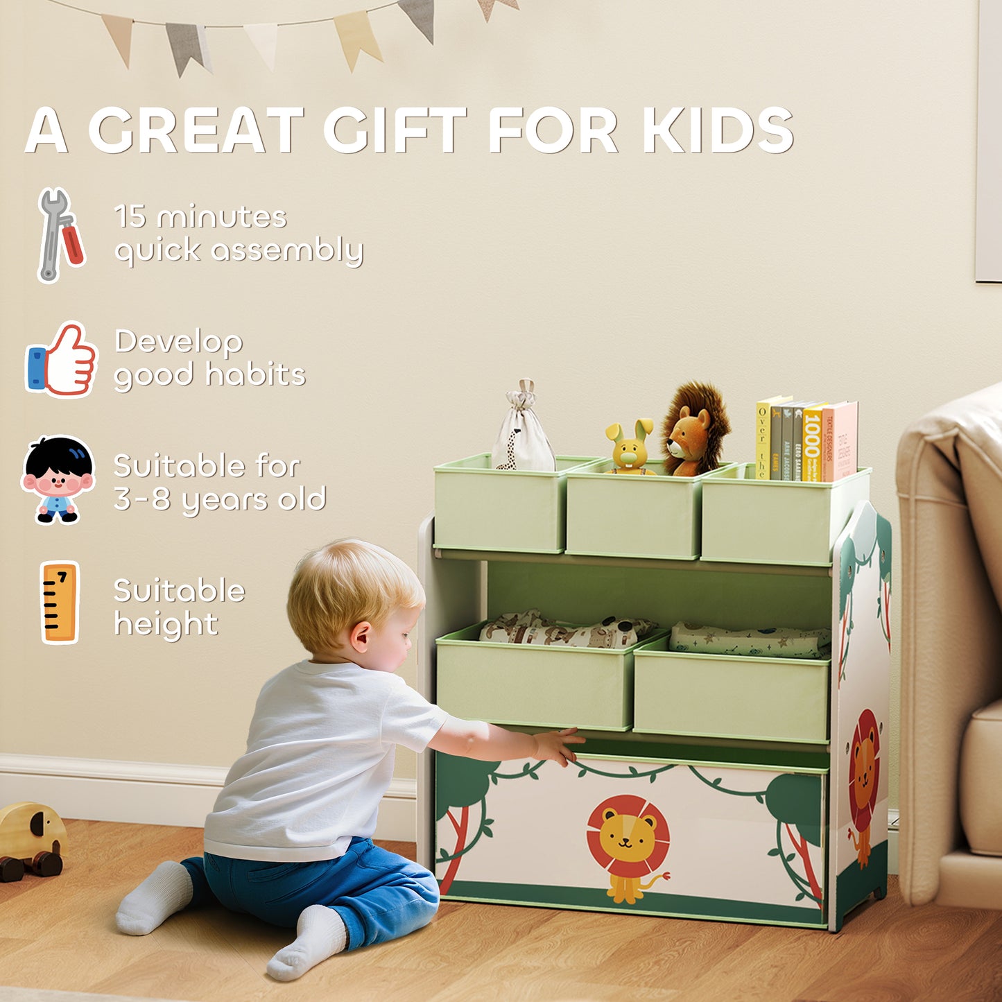3-Tier Kids Storage Shelf with 6 Removable Fabric Boxes, Green