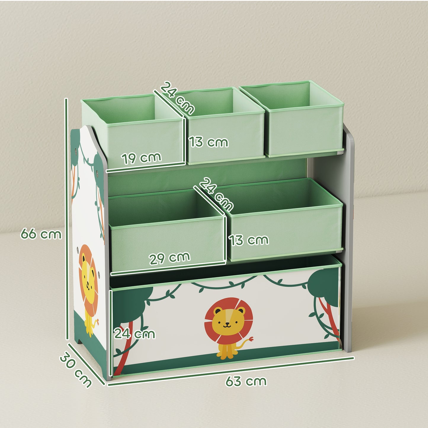 3-Tier Kids Storage Shelf with 6 Removable Fabric Boxes, Green