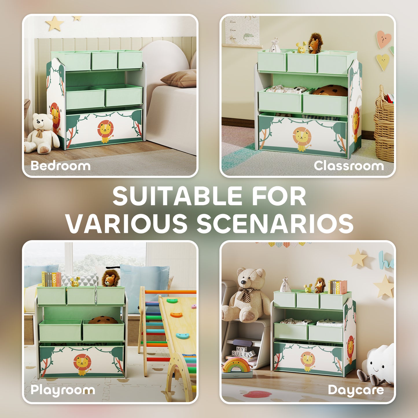 3-Tier Kids Storage Shelf with 6 Removable Fabric Boxes, Green