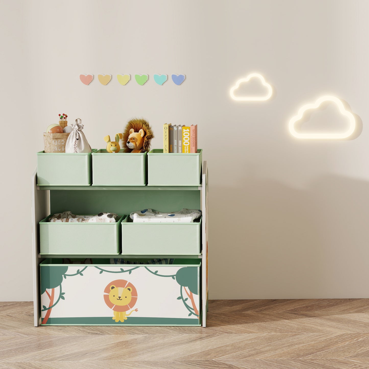 3-Tier Kids Storage Shelf with 6 Removable Fabric Boxes, Green