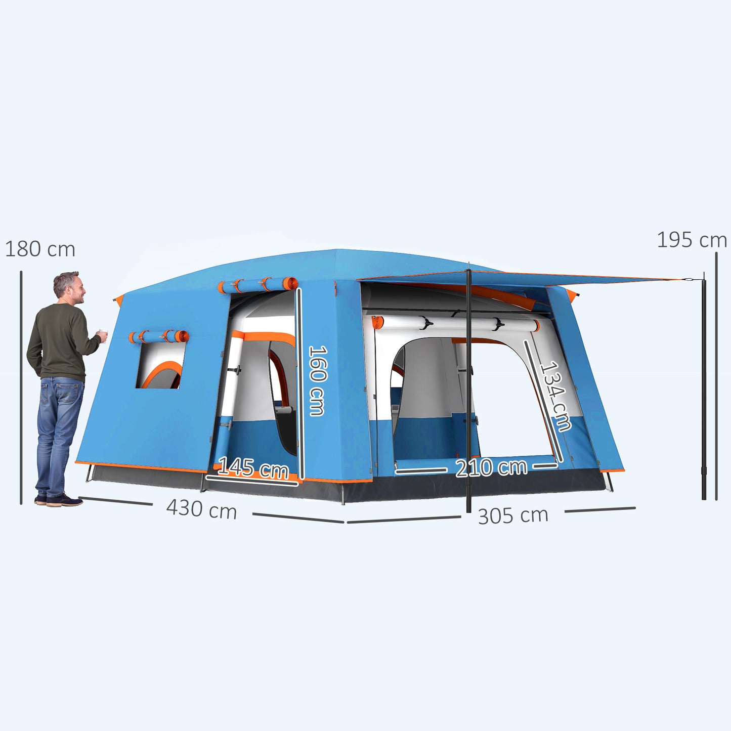 4-6 Man Camping Tent with 2 Bedroom, 3000mm Waterproof, Blue