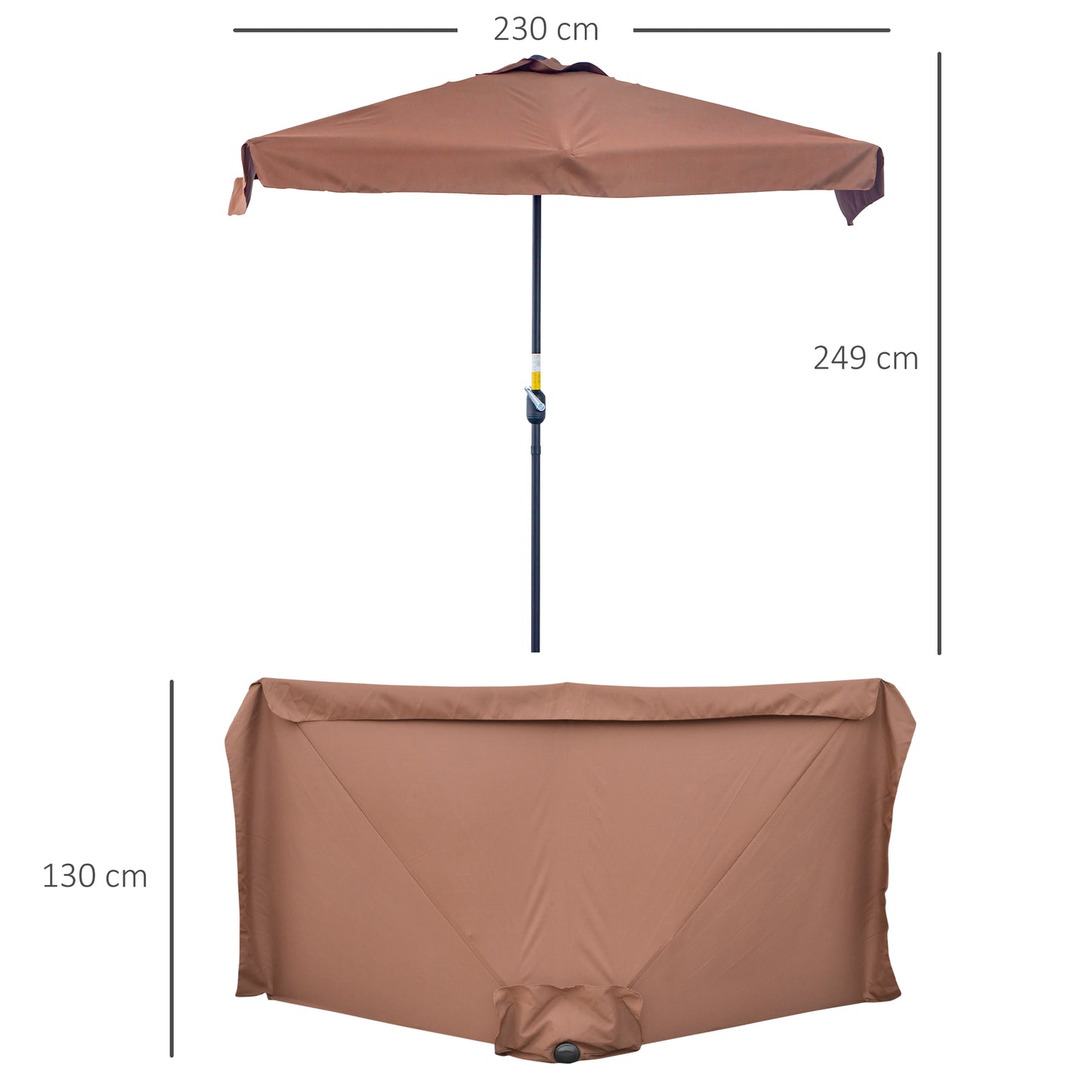 2.3m Patio Semi Round Half Parasol Umbrella with Metal Frame Crank Handle for Balcony- NO BASE INCLUDED, Brown