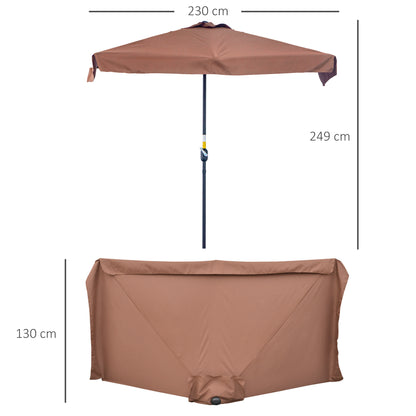 2.3m Patio Semi Round Half Parasol Umbrella with Metal Frame Crank Handle for Balcony- NO BASE INCLUDED, Brown