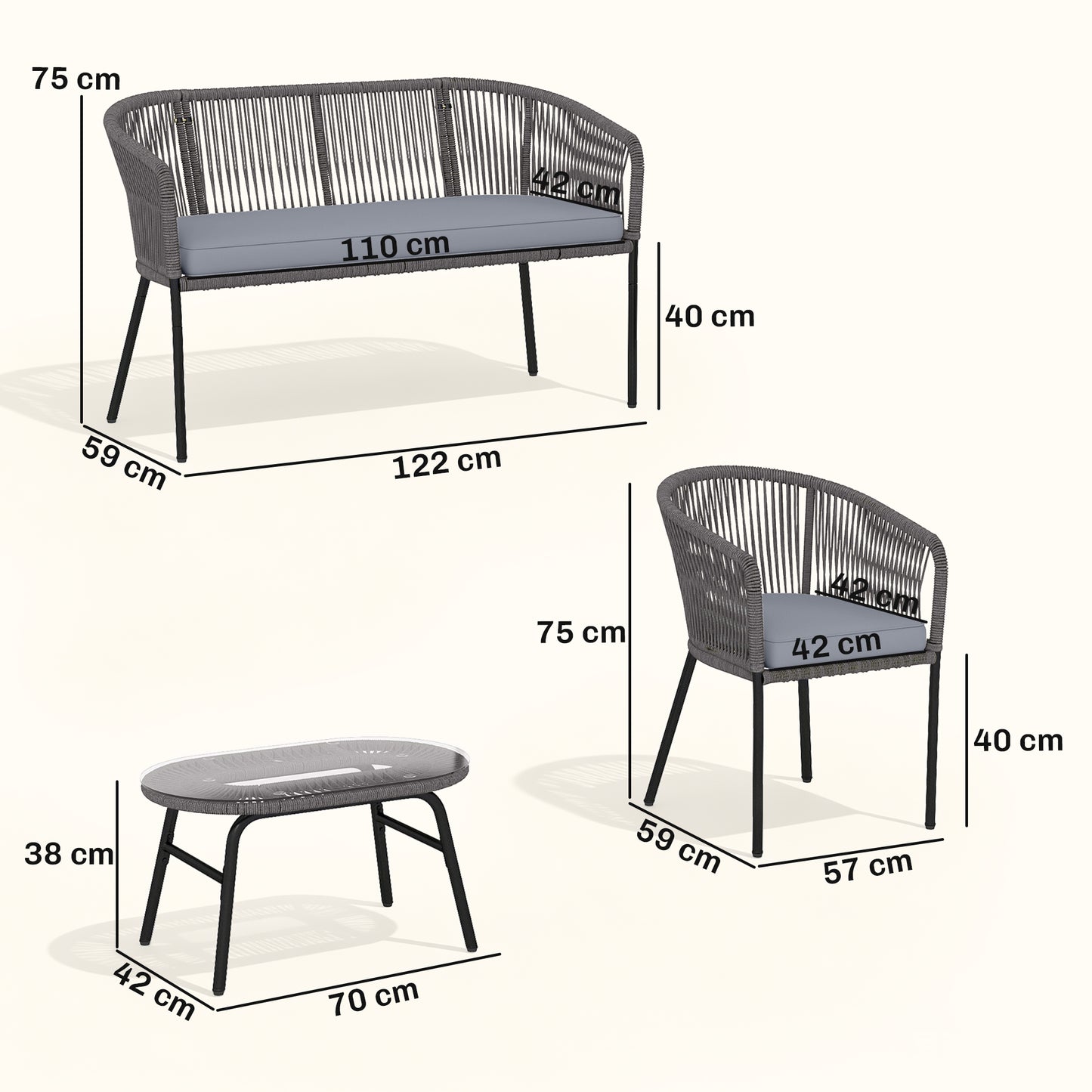 4 Piece Garden Furniture Set, Rope Woven Garden Sofa Set with 1 Loveseat, 2 Armchairs, Tempered Glass Coffee Table, Outdoor Conversation Furniture with Cushions for Patio, Dark Grey