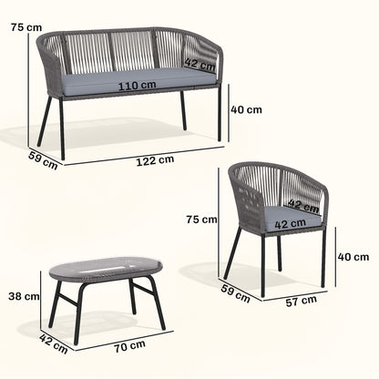 4 Piece Garden Furniture Set, Rope Woven Garden Sofa Set with 1 Loveseat, 2 Armchairs, Tempered Glass Coffee Table, Outdoor Conversation Furniture with Cushions for Patio, Dark Grey