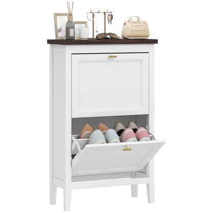 Shoe Cabinet with 2 Flip Drawers, Narrow Shoe Storage Cabinet, White