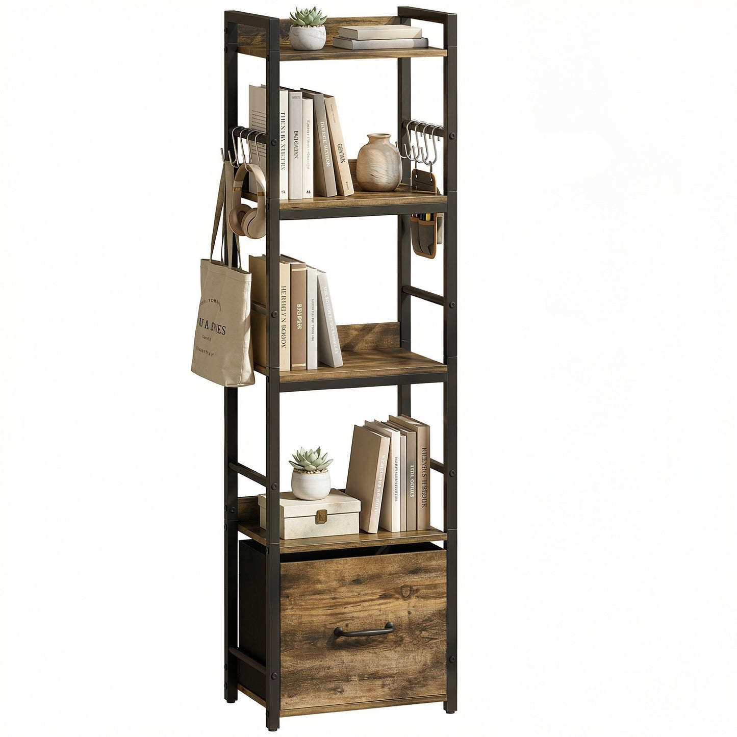 4-Tier Bookshelf, Shelving Unit with Drawer, 8 Hooks, Rustic Brown