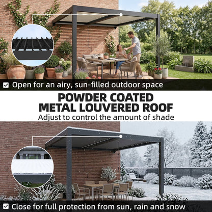 3 x 3 m Louvered Pergola with LED Lights, Metal Louvres, Dark Grey