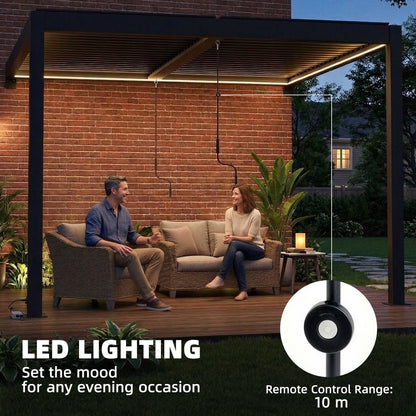 3 x 3 m Louvered Pergola with LED Lights, Metal Louvres, Dark Grey