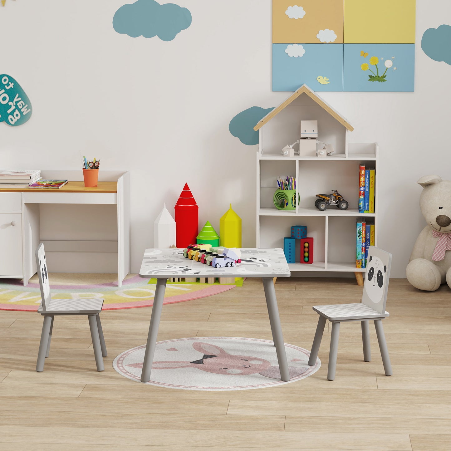Kids Table and Chair Set, Toddler Table with 2 Chairs, Grey