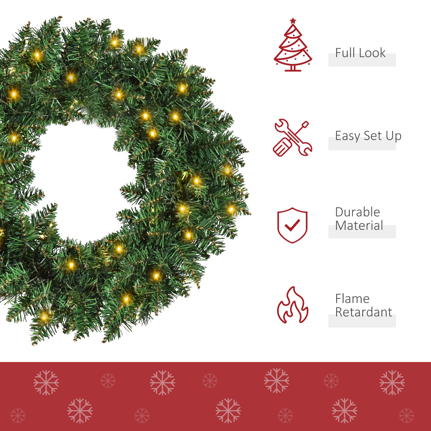 Pre-lit Christmas Wreath with 50 Warm White LED Ideal Xmas Artificial Door Decoration