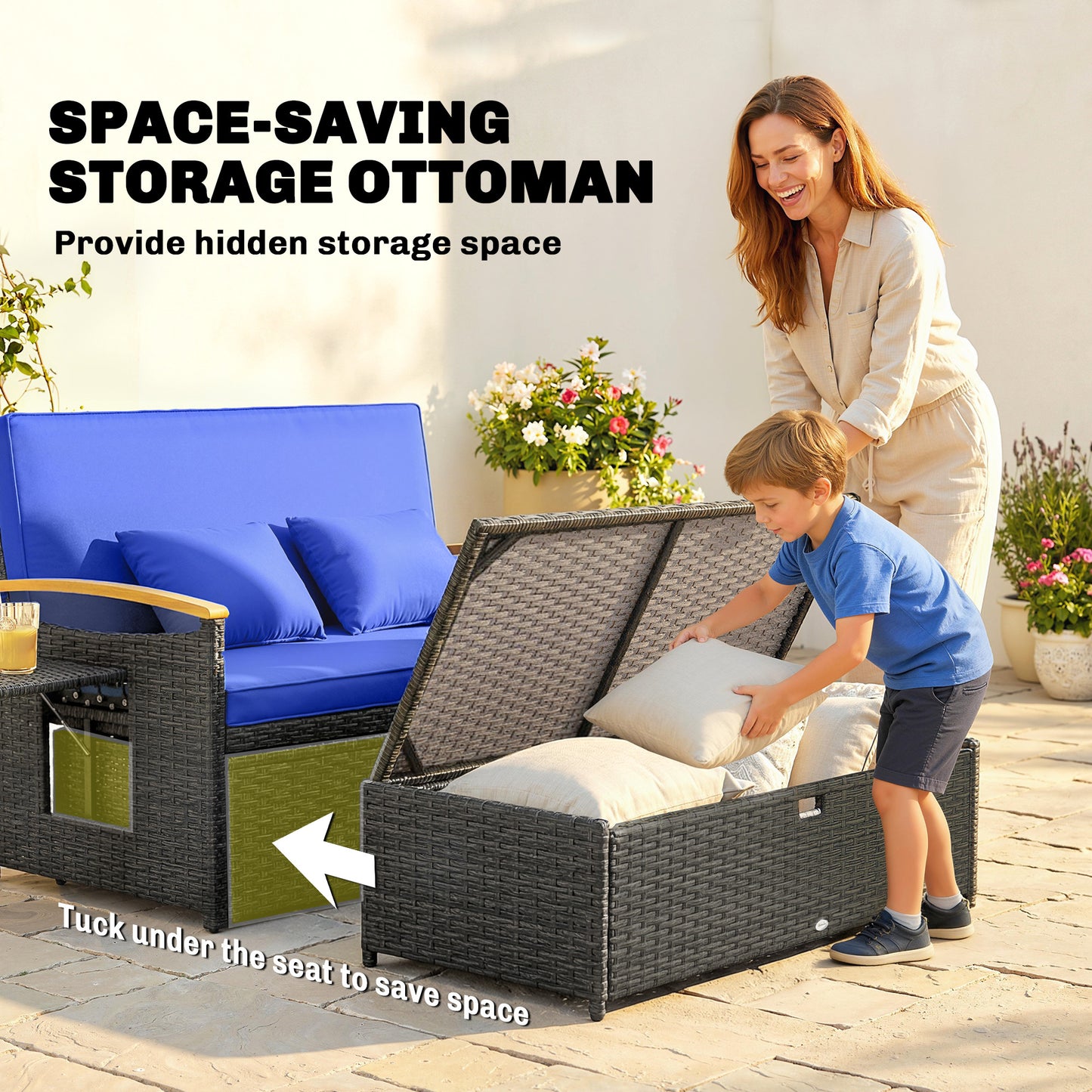 Double Garden Rattan Daybed with Storage Ottoman, Brown & Blue Cushions