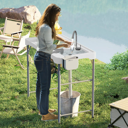 Folding Fish Cleaning Table Camping Sink Table with Faucet, White