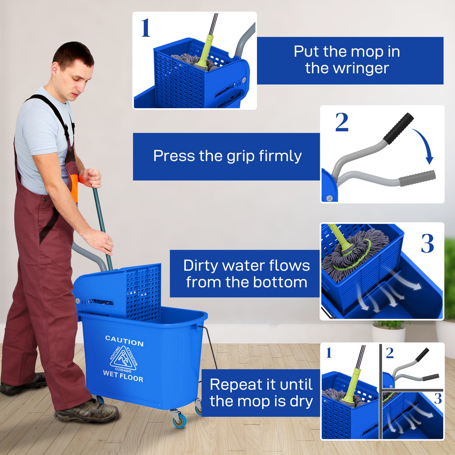 20L Mop Bucket with Wringer Handle on Wheels for Floor Cleaning Blue