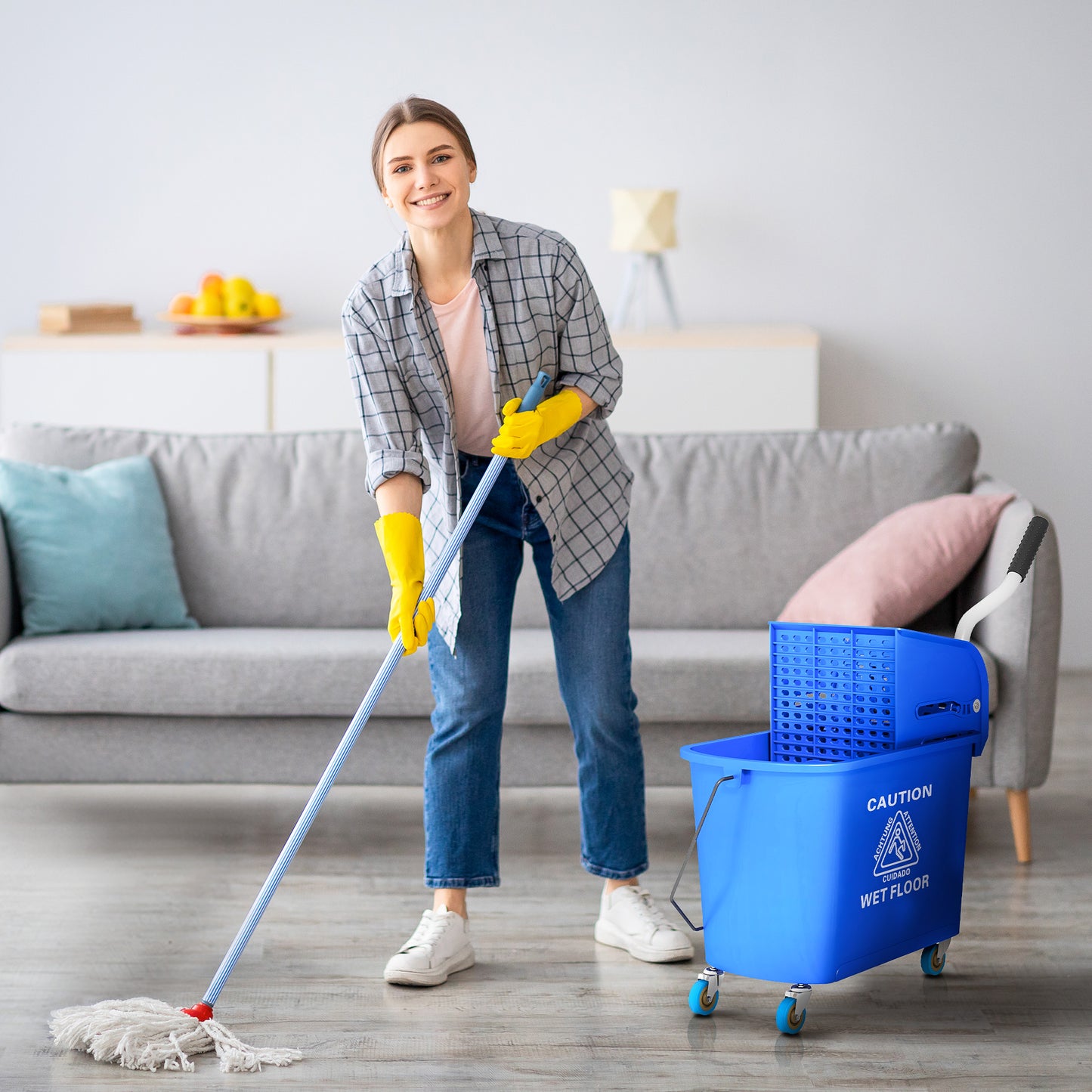 20L Mop Bucket with Wringer Handle on Wheels for Floor Cleaning Blue