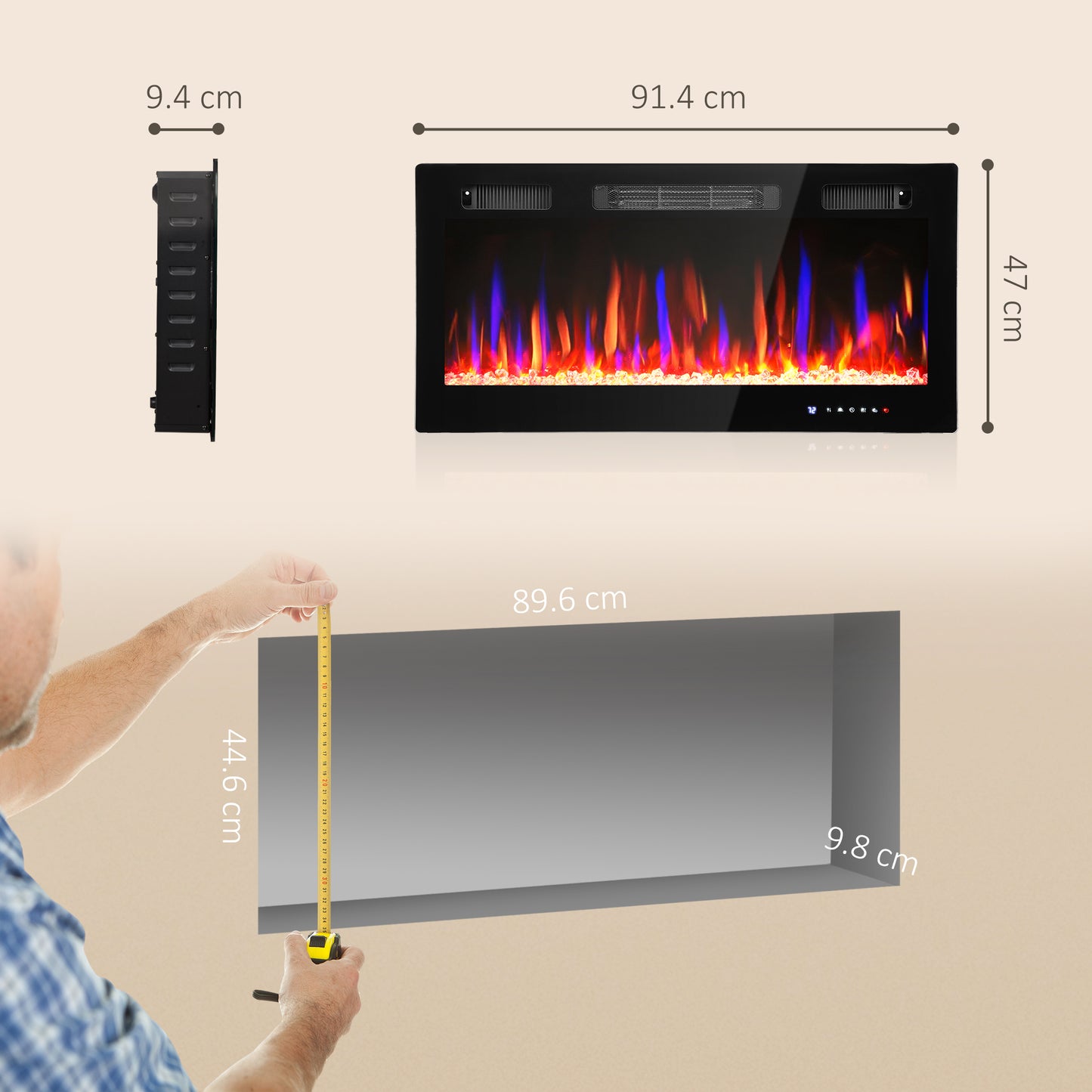36" Wall Electric Fireplace, Slim Electric Fire, 1800W, Black